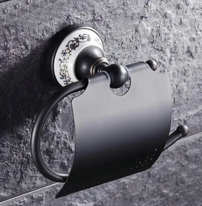Ornate black & white bathroom accessories set wrought iron towel rack
