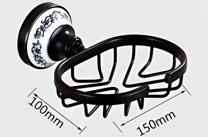 Ornate black & white bathroom accessories set wrought iron towel rack