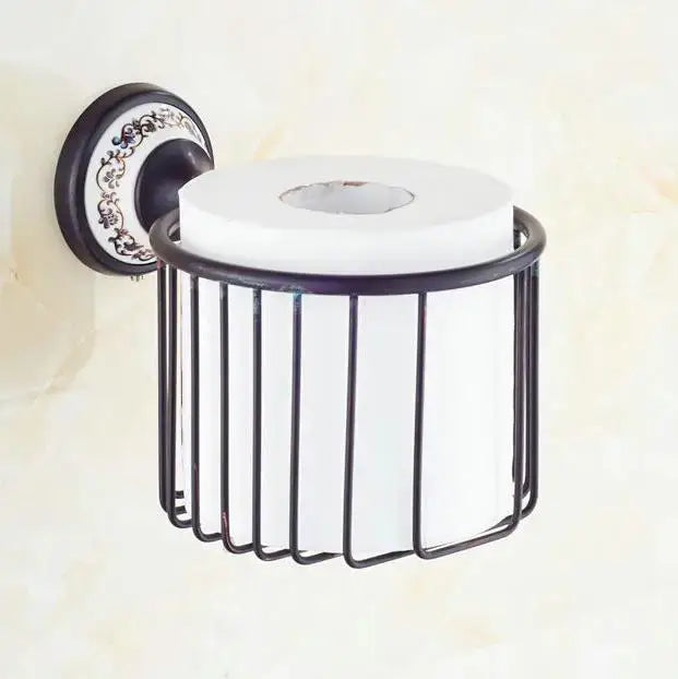 Ornate black & white bathroom accessories set wrought iron towel rack