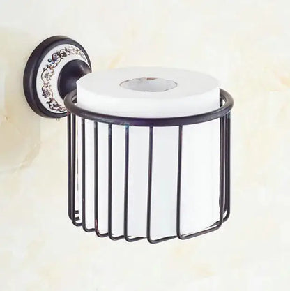 Ornate black & white bathroom accessories set wrought iron towel rack