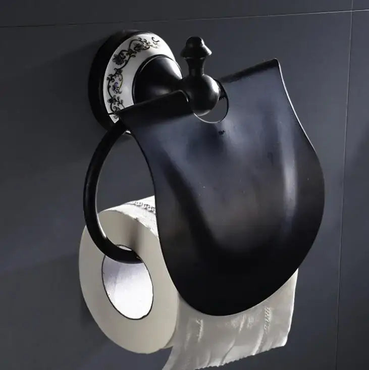 Ornate black & white bathroom accessories set wrought iron towel rack