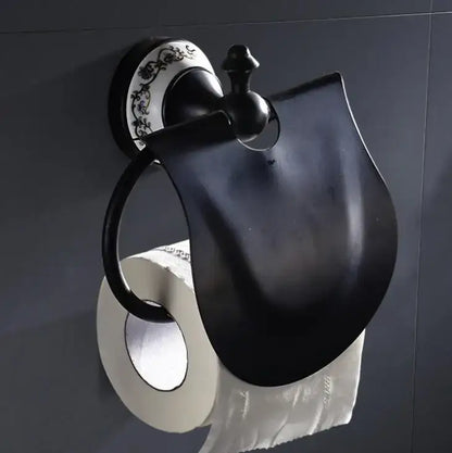 Ornate black & white bathroom accessories set wrought iron towel rack