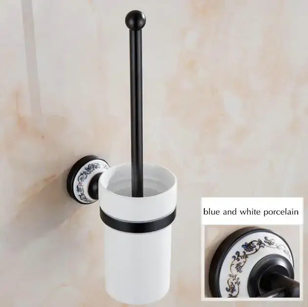 Ornate black & white bathroom accessories set wrought iron towel rack