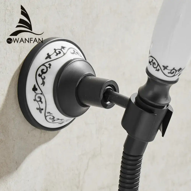 Ornate black & white ceramic handheld shower mount – bathroom accessory