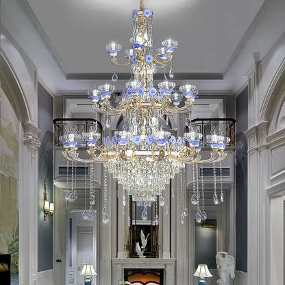 Ornate blue and gold crystal candle chandelier – staircase lighting