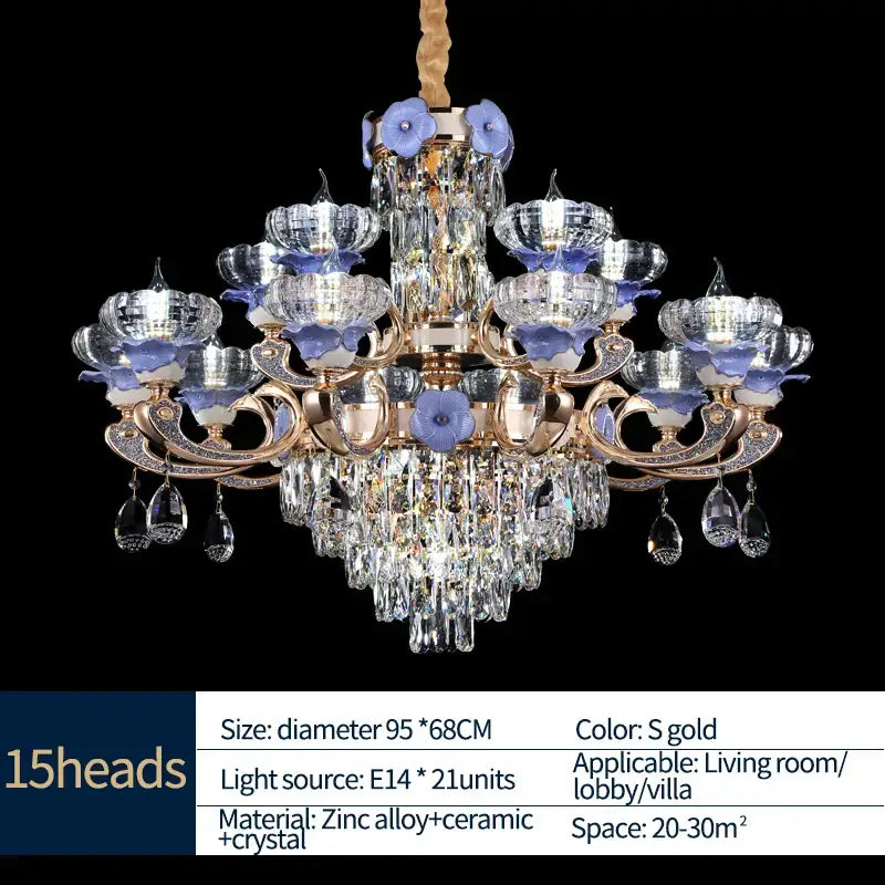 Ornate blue and gold crystal candle chandelier – staircase lighting