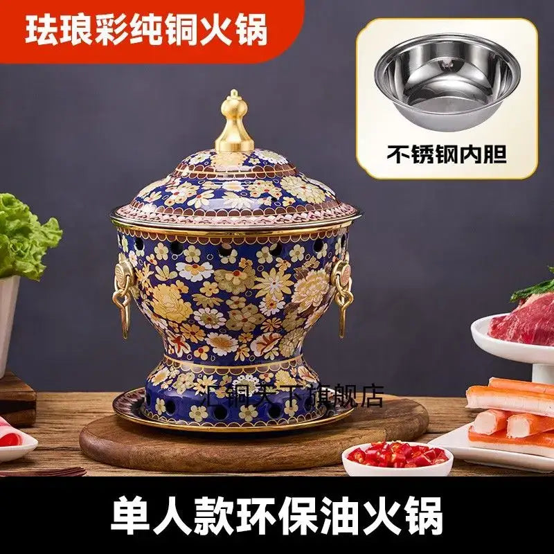 Ornate blue & white enamel copper hot pot kitchen cookware