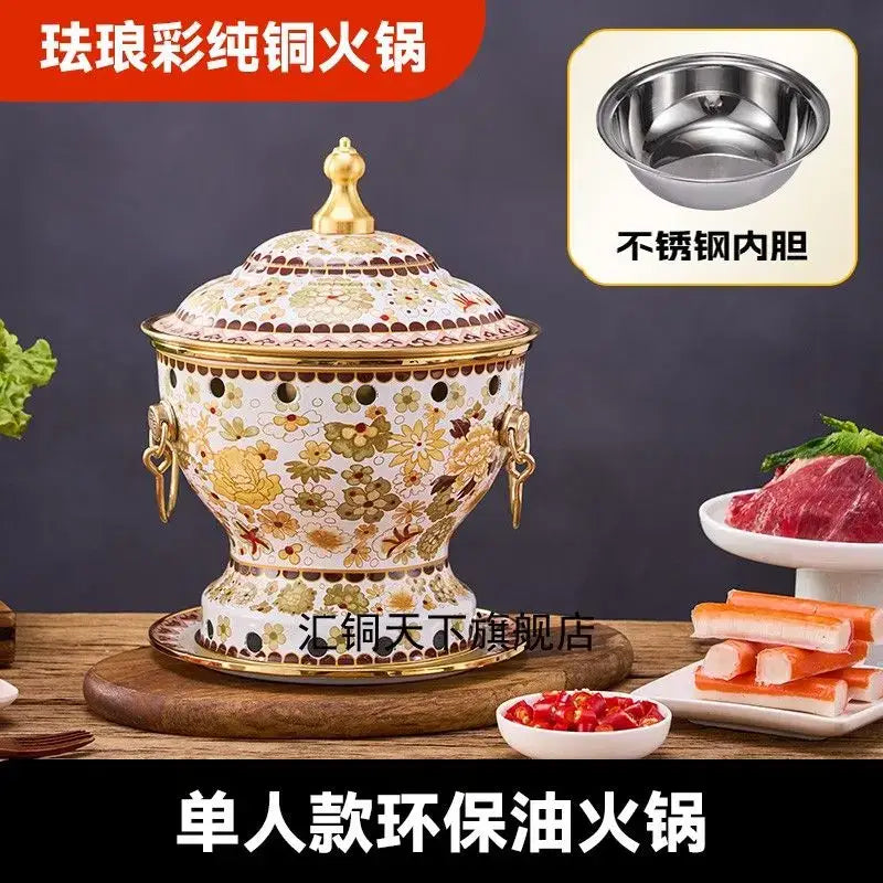 Ornate blue & white enamel copper hot pot kitchen cookware