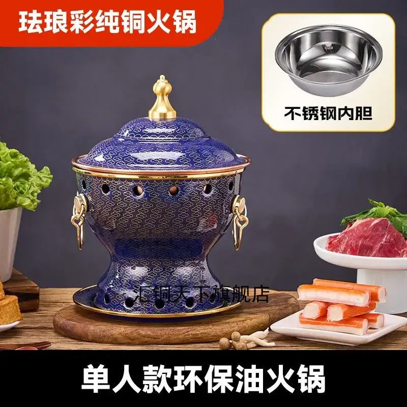 Ornate blue & white enamel copper hot pot kitchen cookware