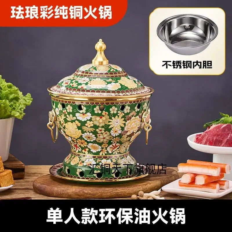 Ornate blue & white enamel copper hot pot kitchen cookware