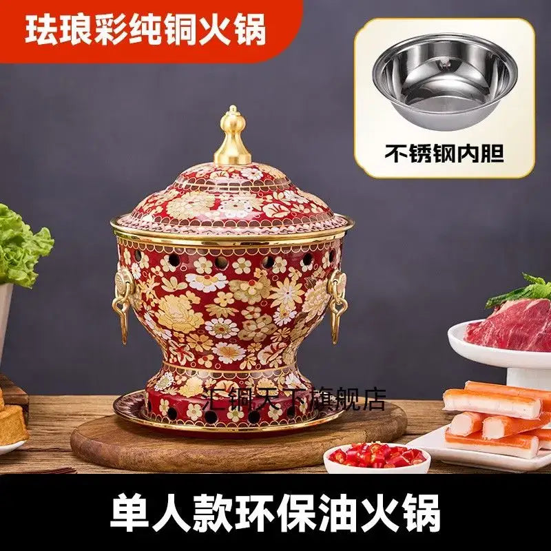 Ornate blue & white enamel copper hot pot kitchen cookware