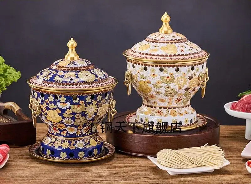 Ornate blue & white enamel copper hot pot kitchen cookware