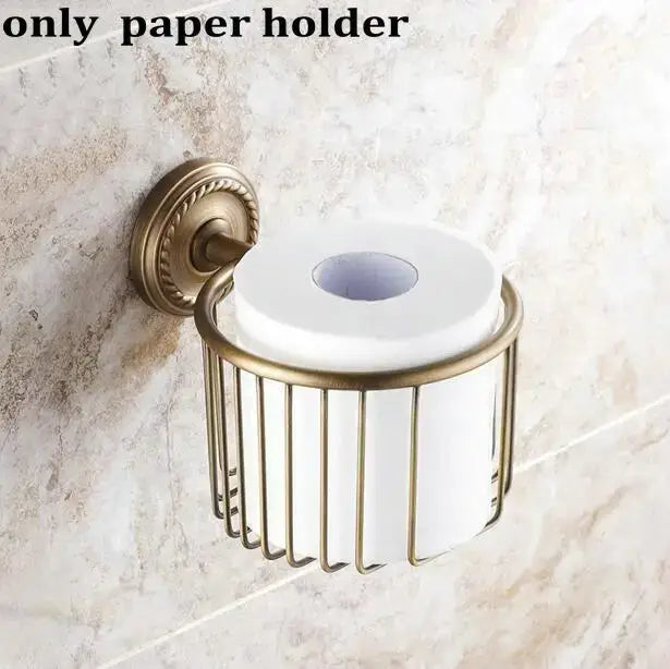 Ornate brass finished copper bathroom accessories set – bathroom