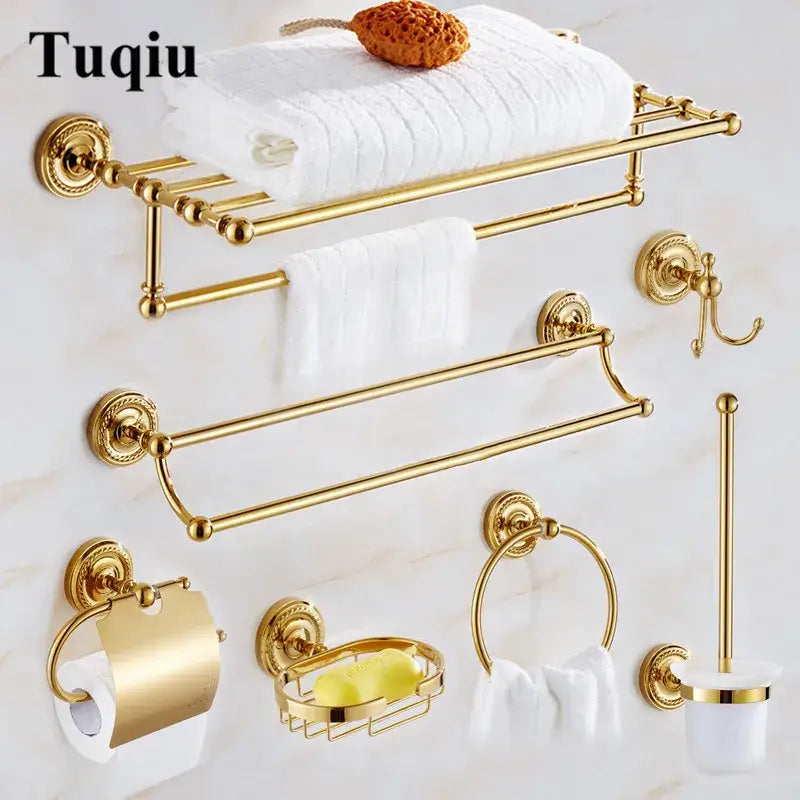 Ornate brass gold bathroom hardware set with towel rack and hooks