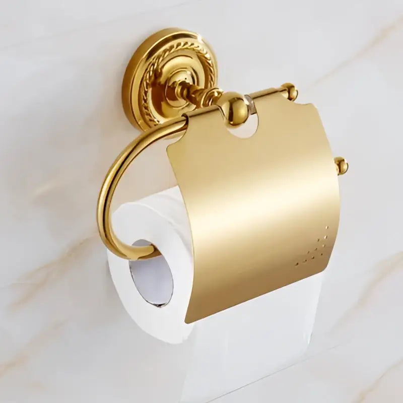 Ornate brass gold bathroom hardware set with towel rack and hooks