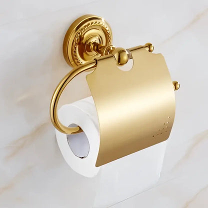 Ornate brass gold bathroom hardware set with towel rack and hooks