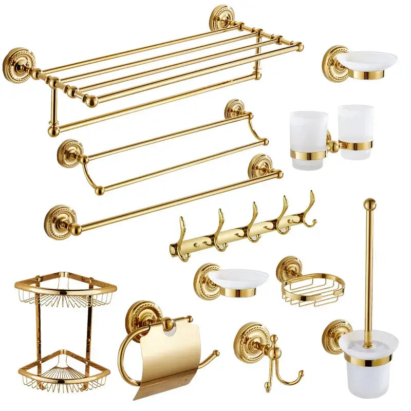 Ornate brass gold bathroom hardware set with towel rack and hooks
