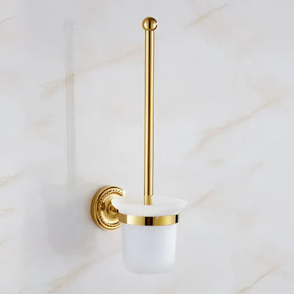 Ornate brass gold bathroom hardware set with towel rack and hooks