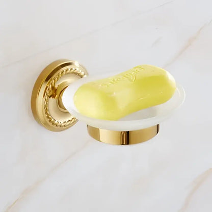 Ornate brass gold bathroom hardware set with towel rack and hooks