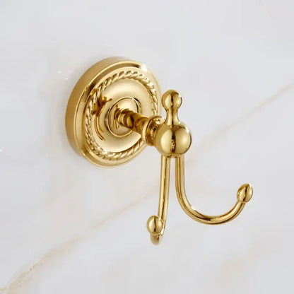 Ornate brass gold bathroom hardware set with towel rack and hooks