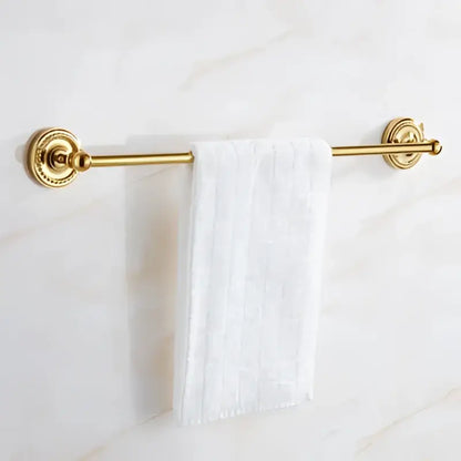 Ornate brass gold bathroom hardware set with towel rack and hooks