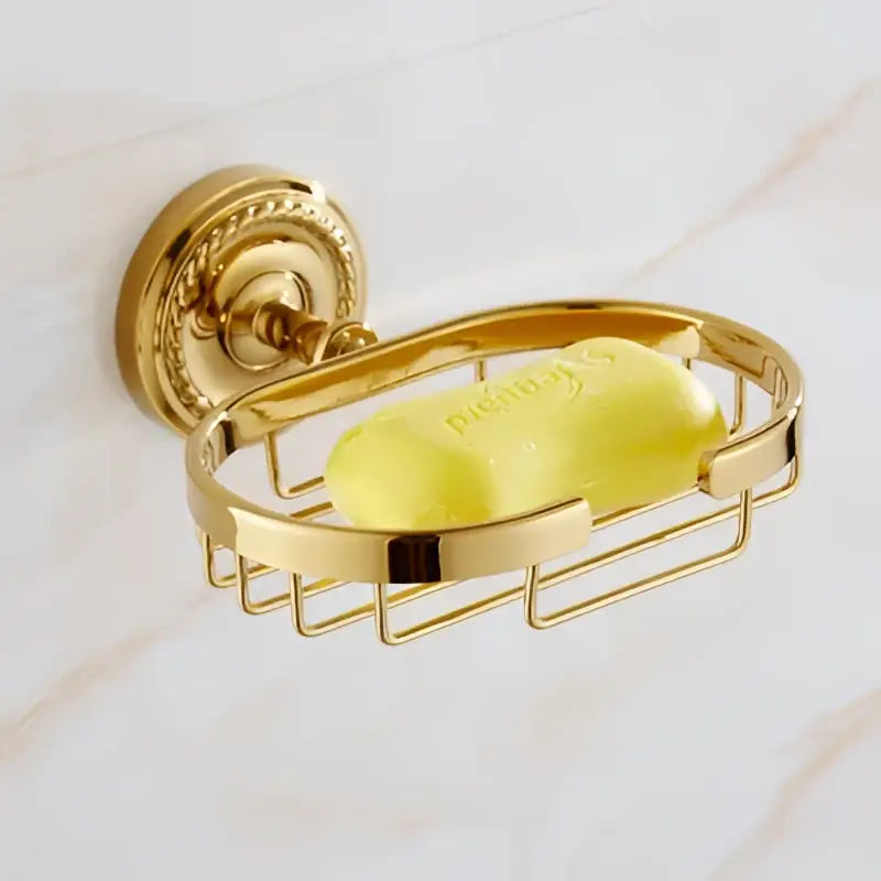 Ornate brass gold bathroom hardware set with towel rack and hooks