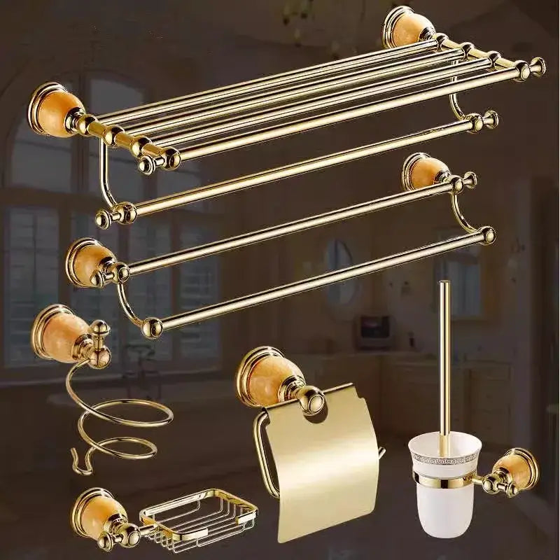Ornate brass jade bathroom accessories set with amber accents