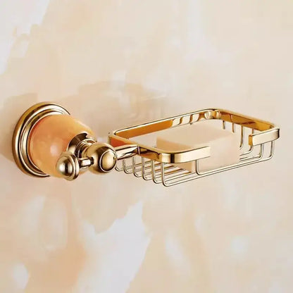 Ornate brass jade bathroom accessories set with amber accents