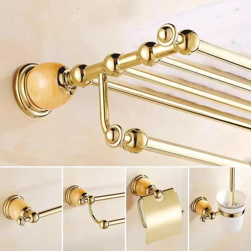 Ornate brass jade bathroom accessories set with amber accents