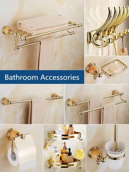 Ornate brass jade bathroom accessories set with amber accents