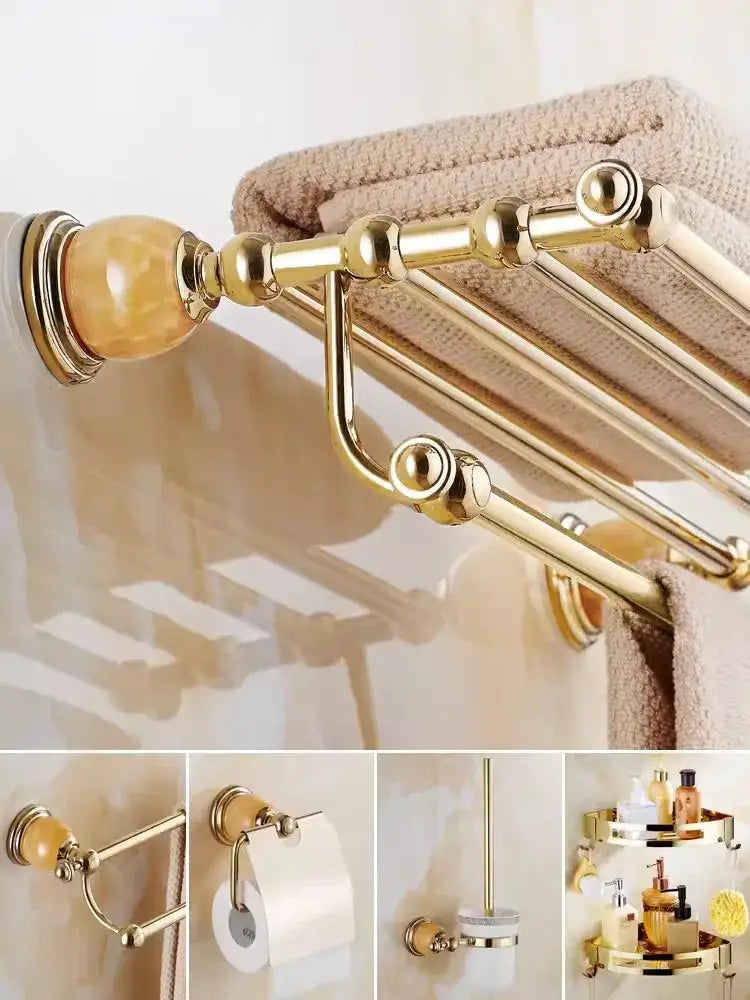 Ornate brass jade bathroom accessories set with amber accents