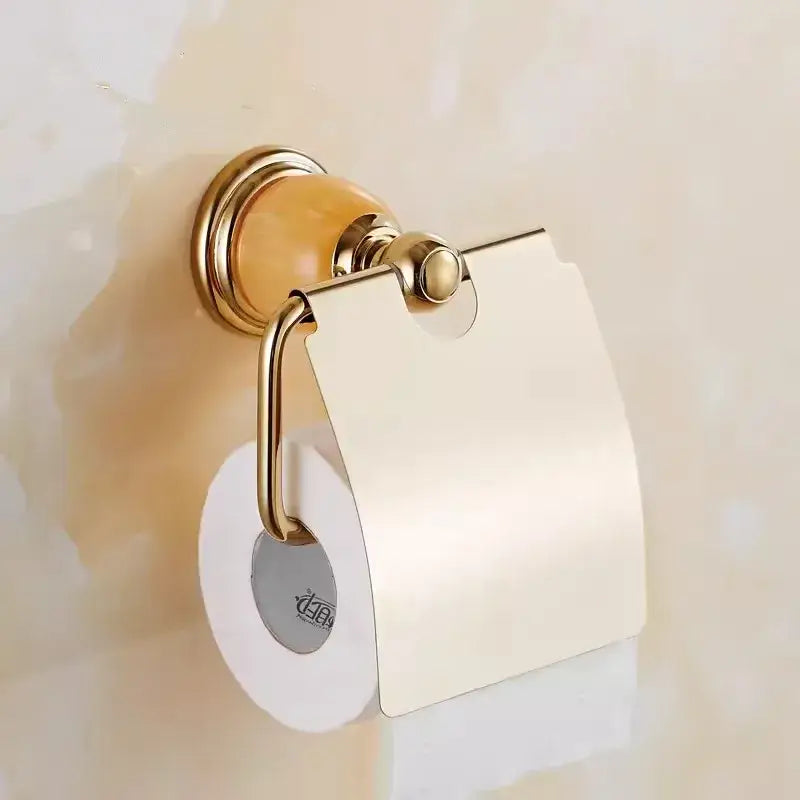 Ornate brass jade bathroom accessories set with amber accents