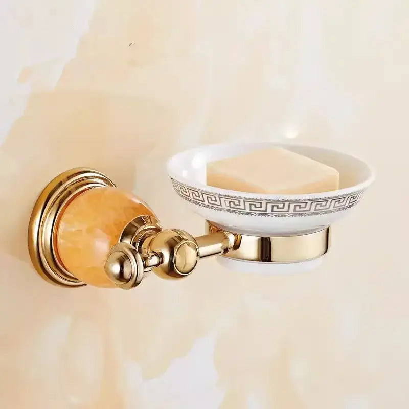 Ornate brass jade bathroom accessories set with amber accents