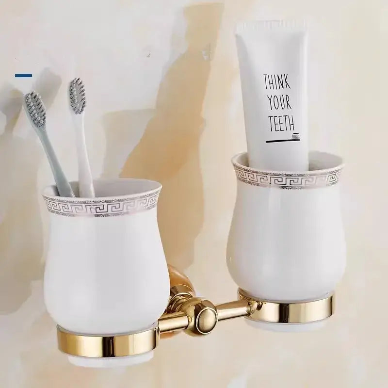 Ornate brass jade bathroom accessories set with amber accents