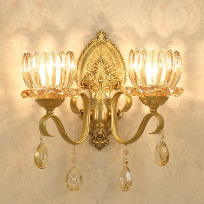 Ornate brass lotus wall sconce amber glass e14 bulb bedroom light