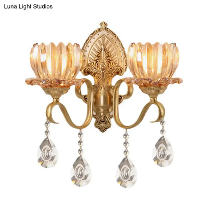 Ornate brass lotus wall sconce amber glass e14 bulb bedroom light