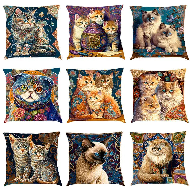 Ornate cat design linen pillowcase – living room cushion cover