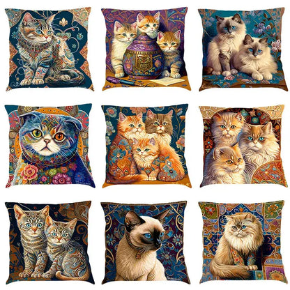 Ornate cat design linen pillowcase – living room cushion cover
