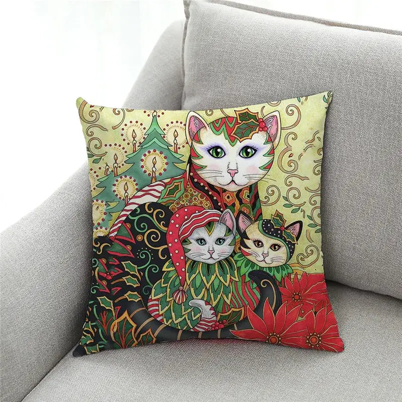 Ornate cat design linen pillowcase – living room cushion cover
