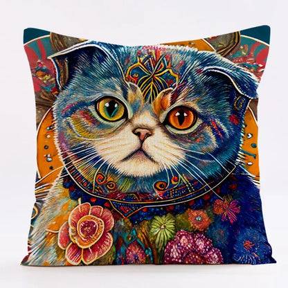 Ornate cat design linen pillowcase – living room cushion cover