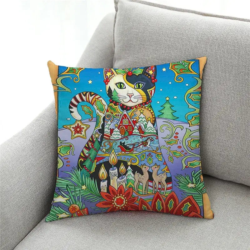 Ornate cat design linen pillowcase – living room cushion cover