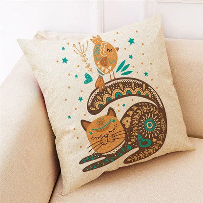 Ornate cat design linen pillowcase – living room cushion cover