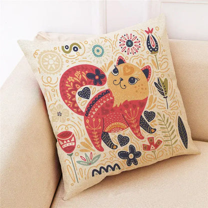 Ornate cat design linen pillowcase – living room cushion cover