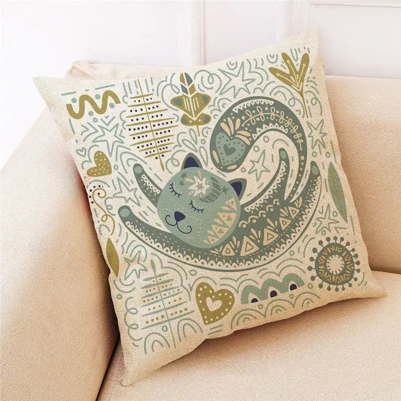 Ornate cat design linen pillowcase – living room cushion cover