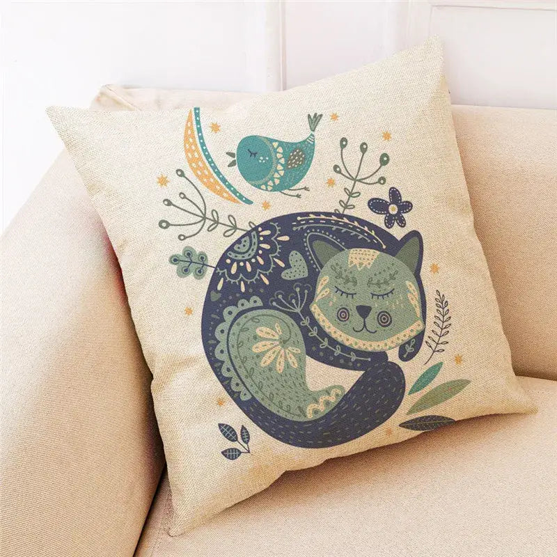 Ornate cat design linen pillowcase – living room cushion cover