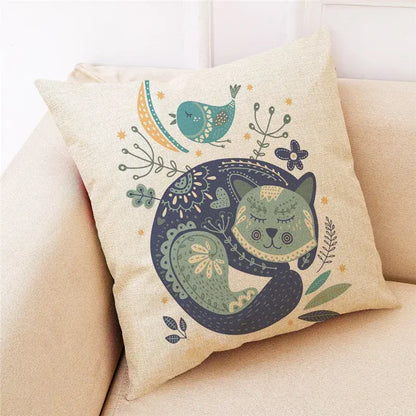 Ornate cat design linen pillowcase – living room cushion cover