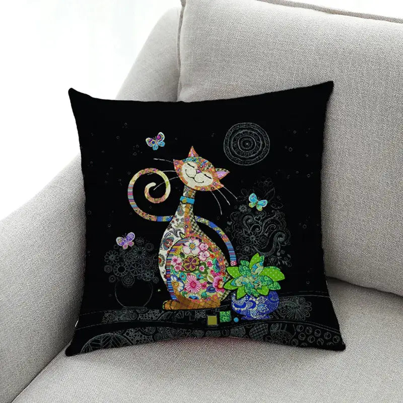 Ornate cat design linen pillowcase – living room cushion cover