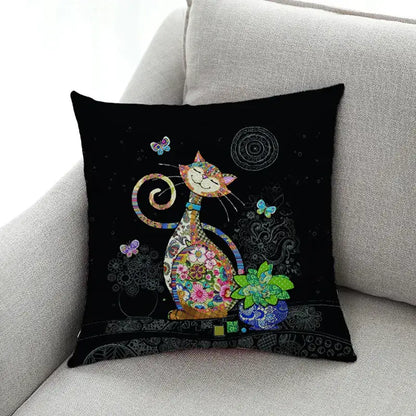 Ornate cat design linen pillowcase – living room cushion cover