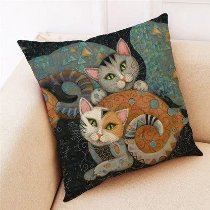 Ornate cat design linen pillowcase – living room cushion cover