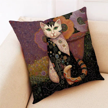 Ornate cat design linen pillowcase – living room cushion cover